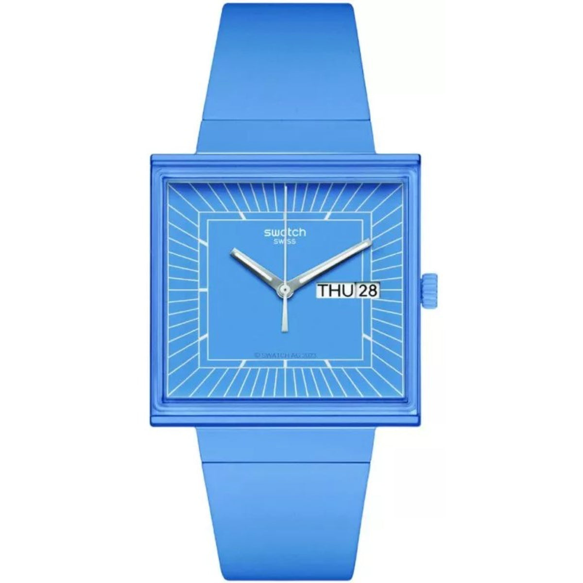 Blue square dial quartz watch with geometric pattern, blue strap, date window