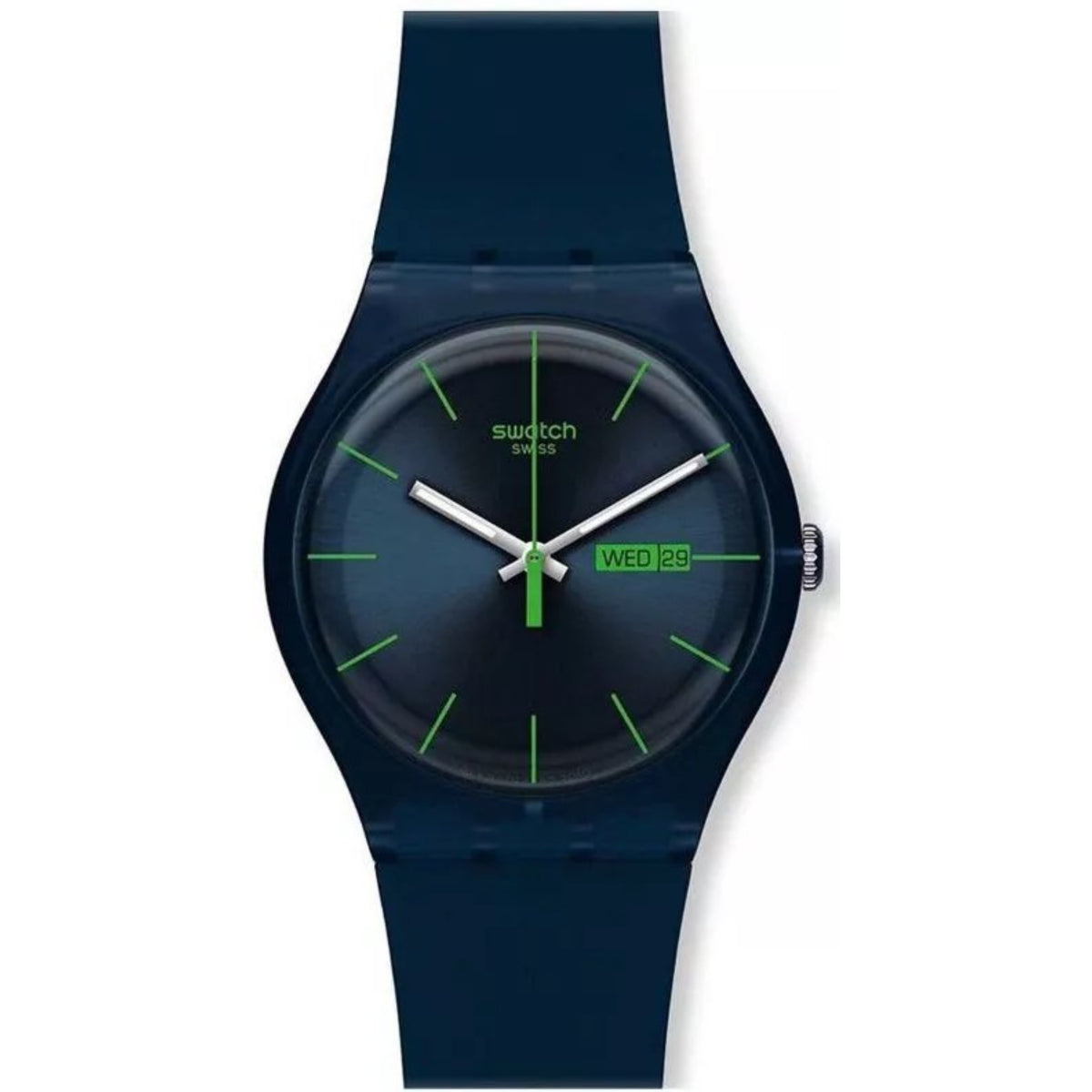 Swatch New Gent men's watch with dark blue case, blue dial, green hour markers, silicone strap