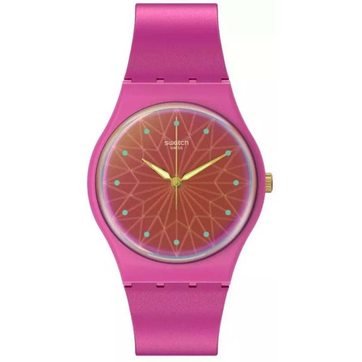 Fuchsia pink silicone wristwatch with round geometric dial, gold hands, green dot markers