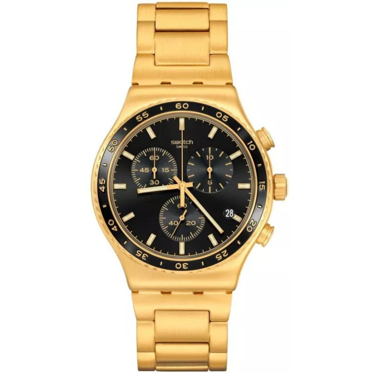 Gold-tone stainless steel bracelet watch with black dial, three subdials and chronograph hands