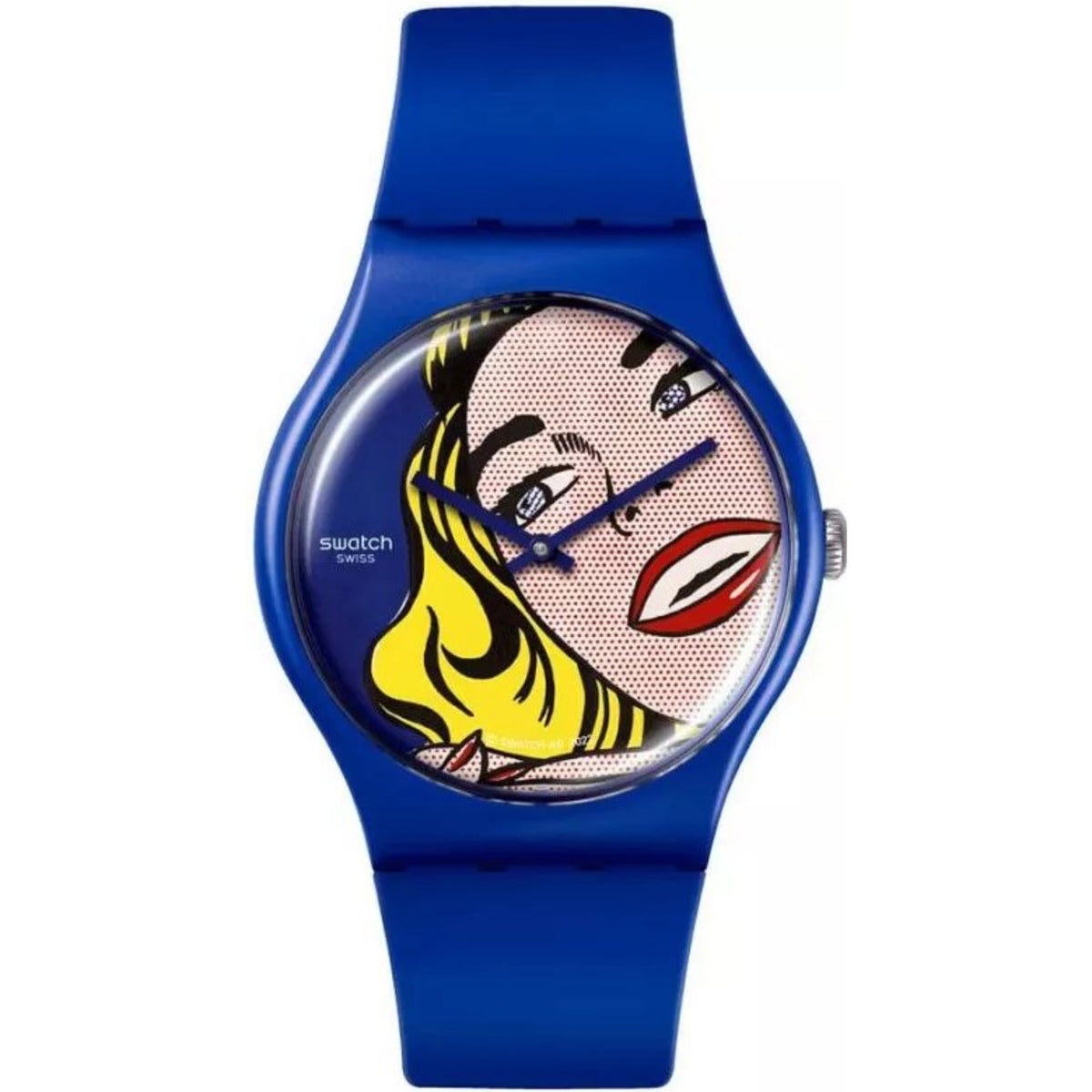 Blue silicone strap wristwatch with round bezel and comic portrait dial