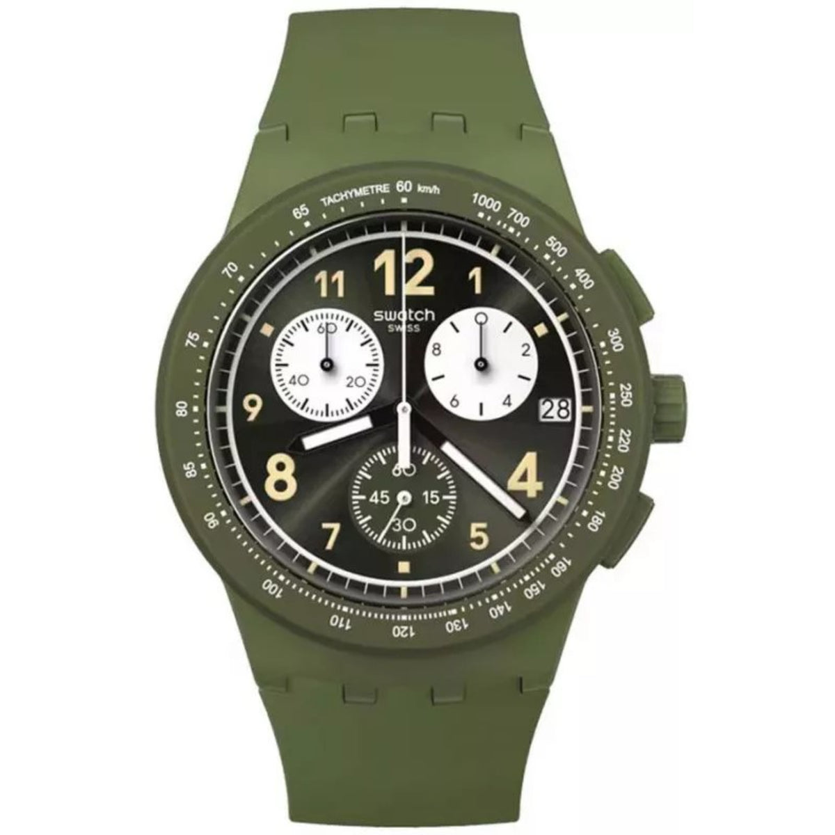 Green quartz dial silicone strap watch with black bezel and chronograph subdials