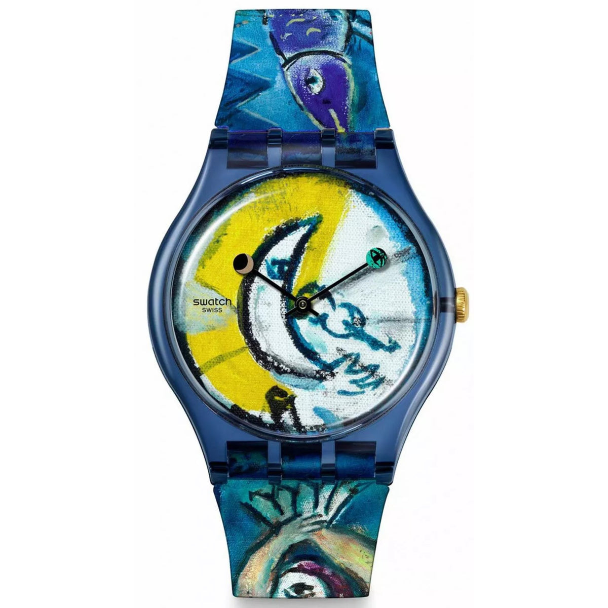 Blue Swatch silicone strap watch with artistic circus blue dial and gold crown