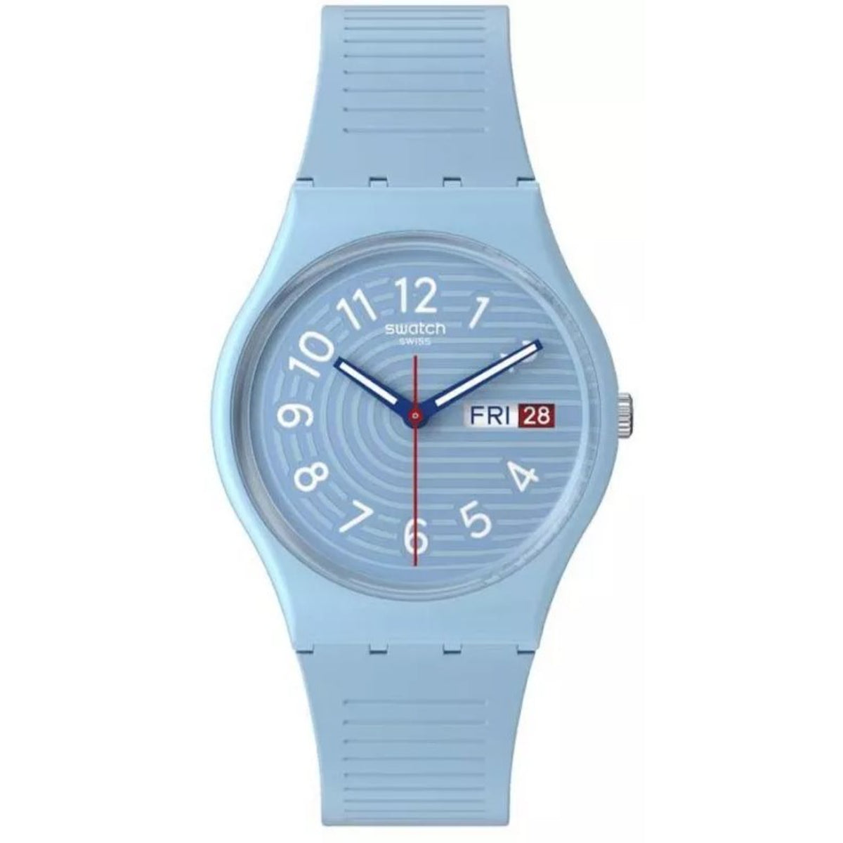 Light blue silicone strap watch, gray dial with red/blue hands and date window