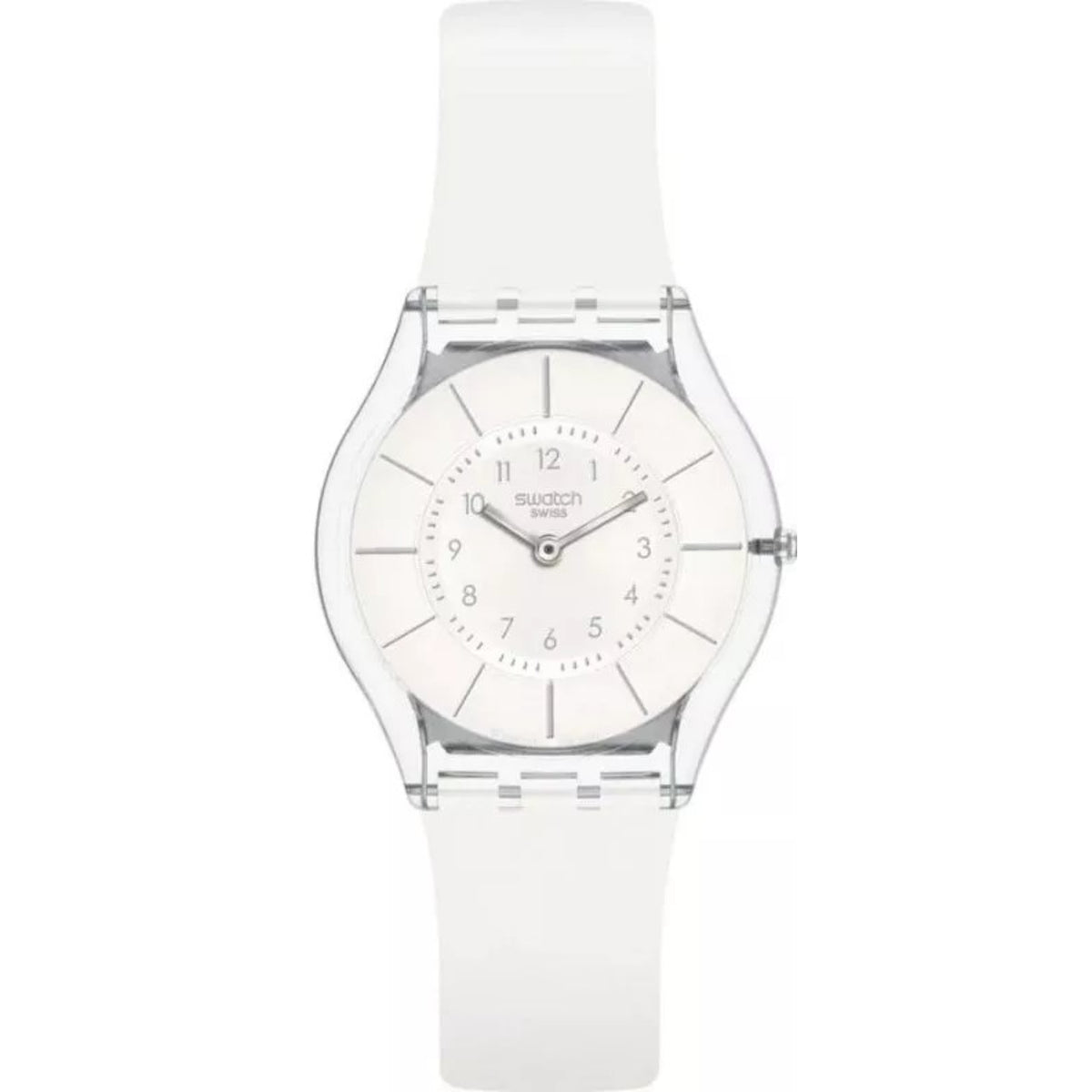 White silicone strap unisex quartz watch with round silver case and white dial, Swatch text