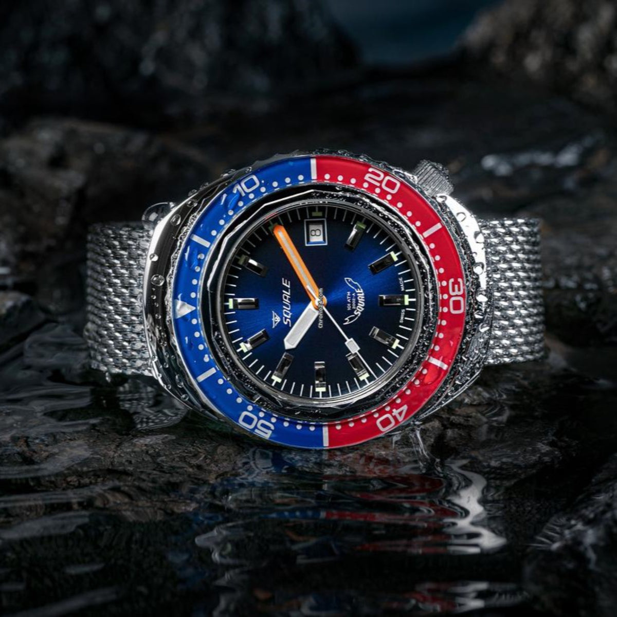Squale 2002 101 ATM professional dive watch with red and blue Pepsi bezel on wet rock