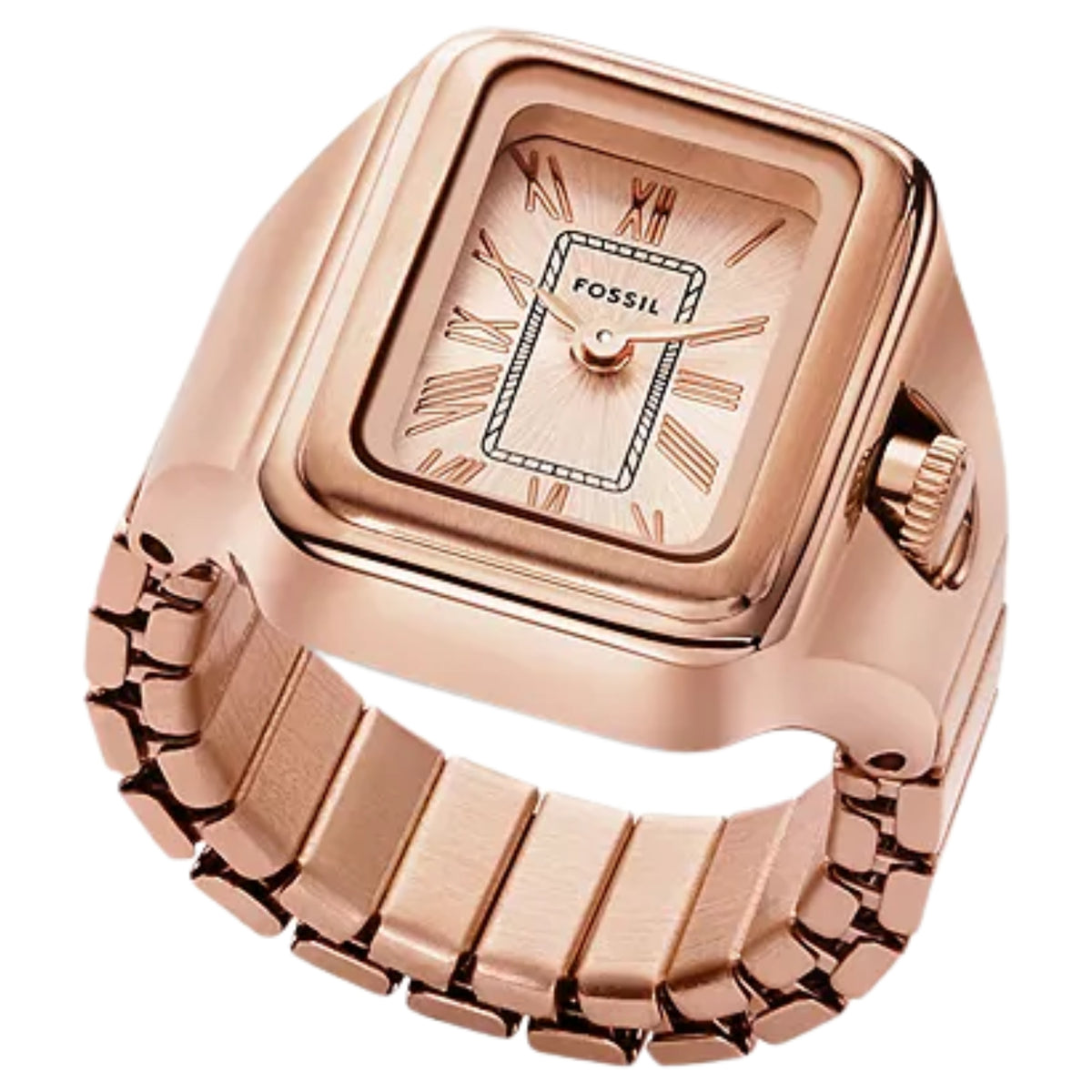 Fossil Raquel ES5345 three-quarter view showing rose gold dial with rectangular steel case and flexible expansion band