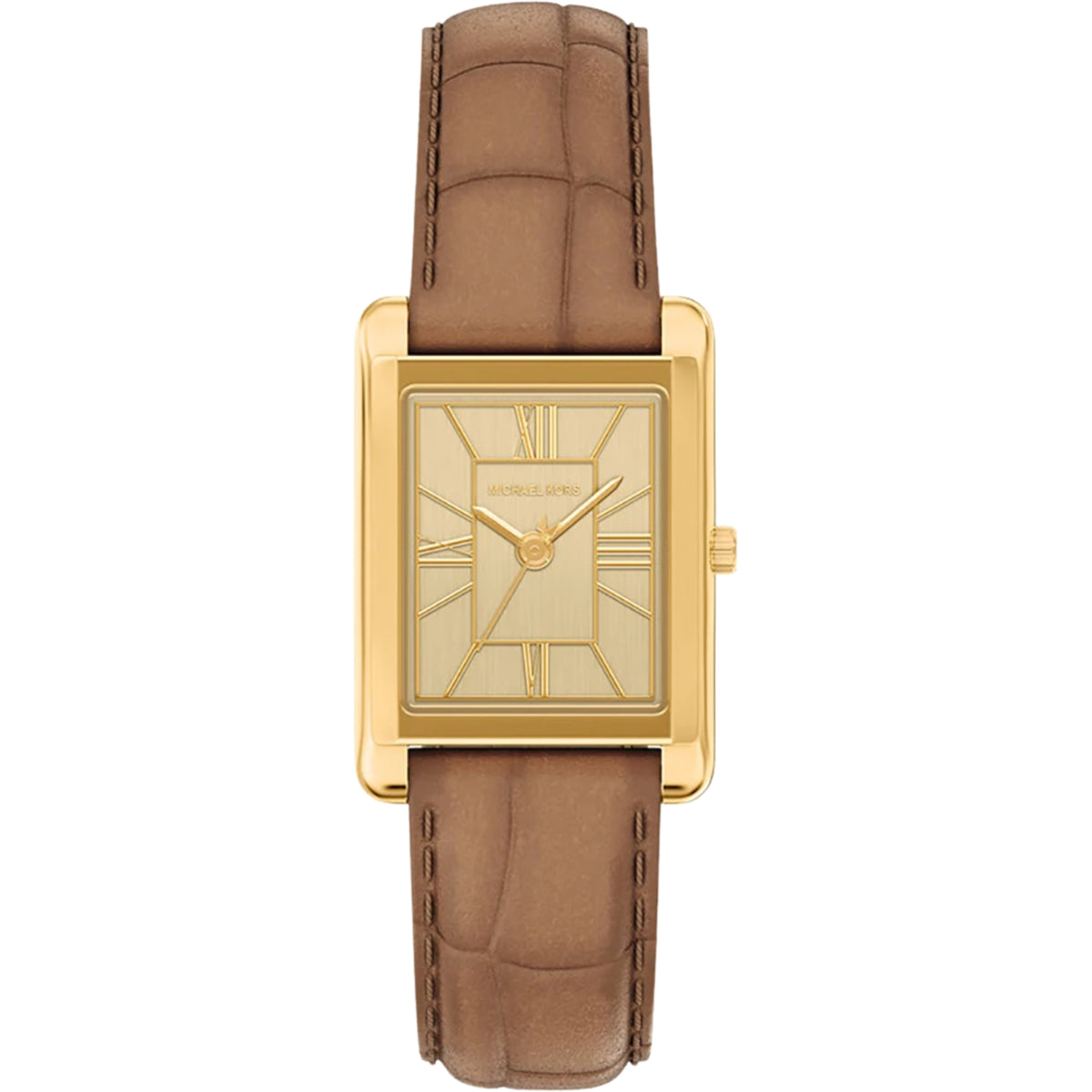 Michael Kors Essex MK7584 ladies rectangular watch front view featuring a gold dial, gold-tone case, and brown leather strap