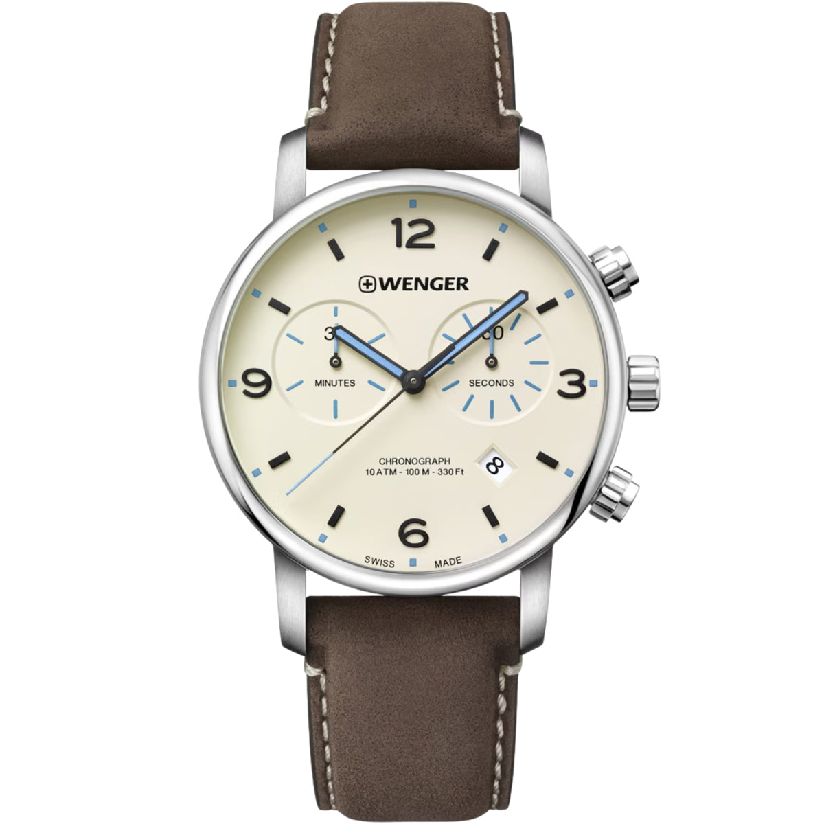 Wenger Urban Metropolitan Chronograph 01.1743.111 front view of cream dial men's watch with sub-dials and brown leather strap