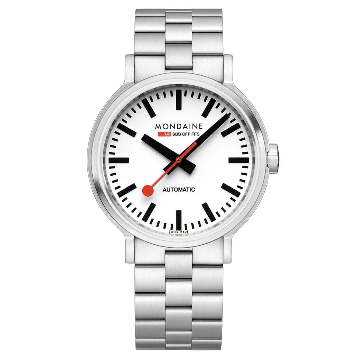 Mondaine stainless steel automatic watch with white dial, black markers, red hands