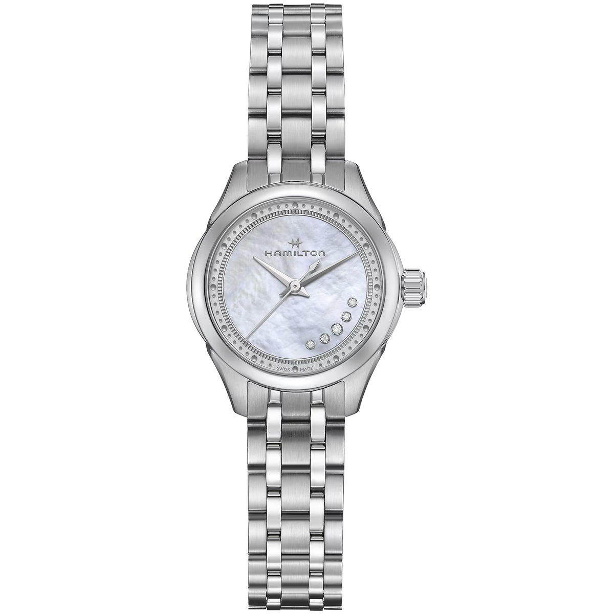 Stainless steel quartz watch with mother-of-pearl dial, baton markers, link bracelet