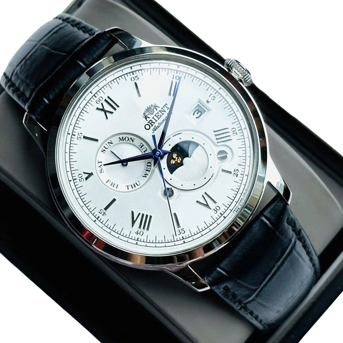 Orient Bambino 41.5mm Sun & Moon Silver Dial Leather Automatic Mens Watch RA-AK0802S30B