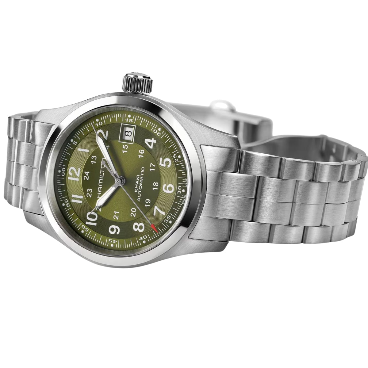 Hamilton Khaki Field H70455160 military style timepiece flat lay view featuring green dial, date display, and steel bracelet design