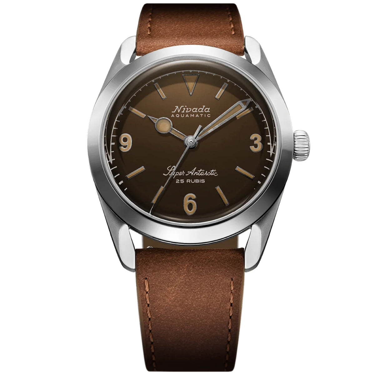 Men's automatic wristwatch with brown dial and brown leather strap, round steel case