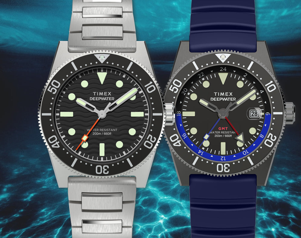 Pair of Timex Deepwater 200m diver watches with stainless steel bracelet and blue GMT silicone strap underwater