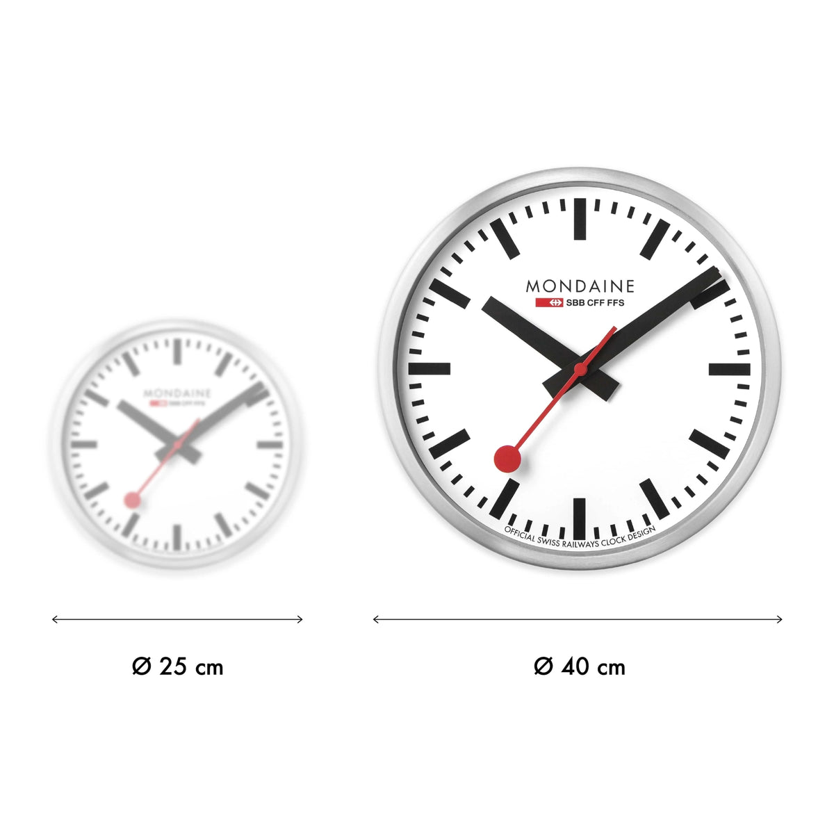 Size comparison showing a 25cm model versus a 40cm Mondaine clock A995.CLOCK.16SBB.