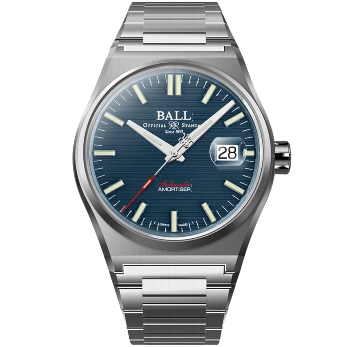 Men's automatic steel wristwatch with blue dial, baton markers, and date window at 28