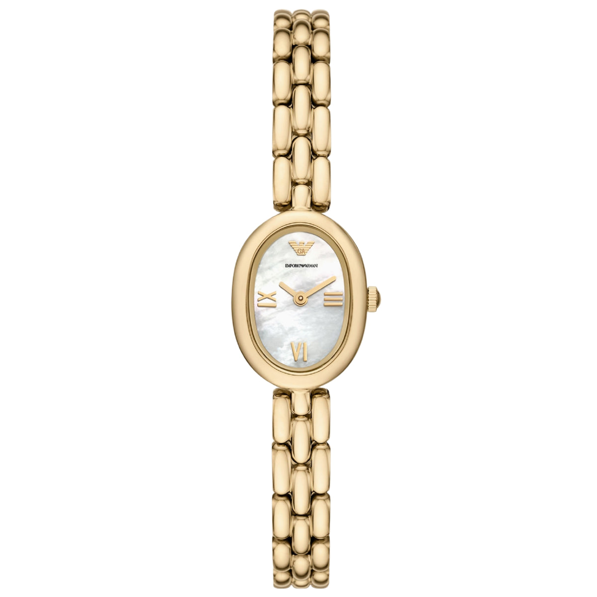 Emporio Armani Sinfonia AR11721 ladies quartz watch with a white oval dial, gold-tone Roman numeral markers, smooth oval bezel, and a gold-tone steel link bracelet