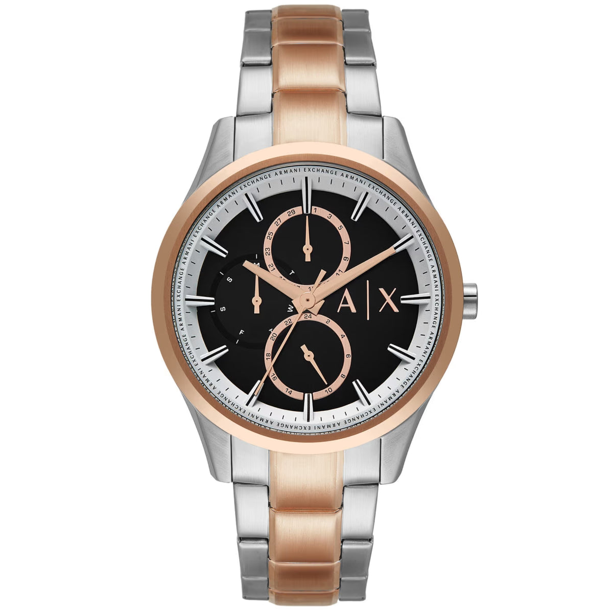 Front of black dial chronograph watch with rose-gold hands and stainless bracelet