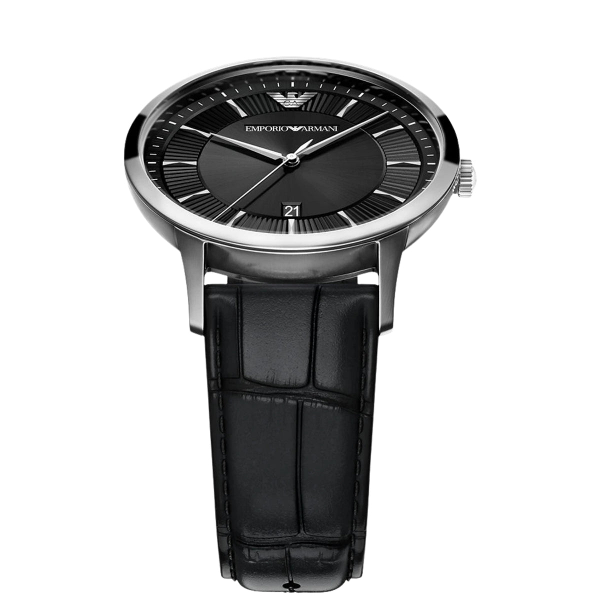 Overhead view of the Emporio Armani Archetipo AR11826 watch showcasing the 43mm black dial and leather strap