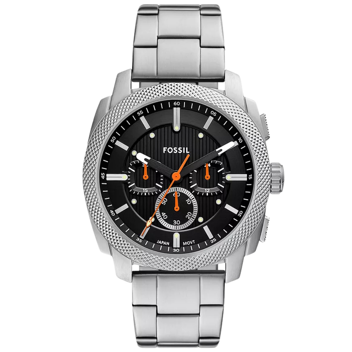 Fossil chronograph watch with black dial, orange hands, three subdials, steel bracelet