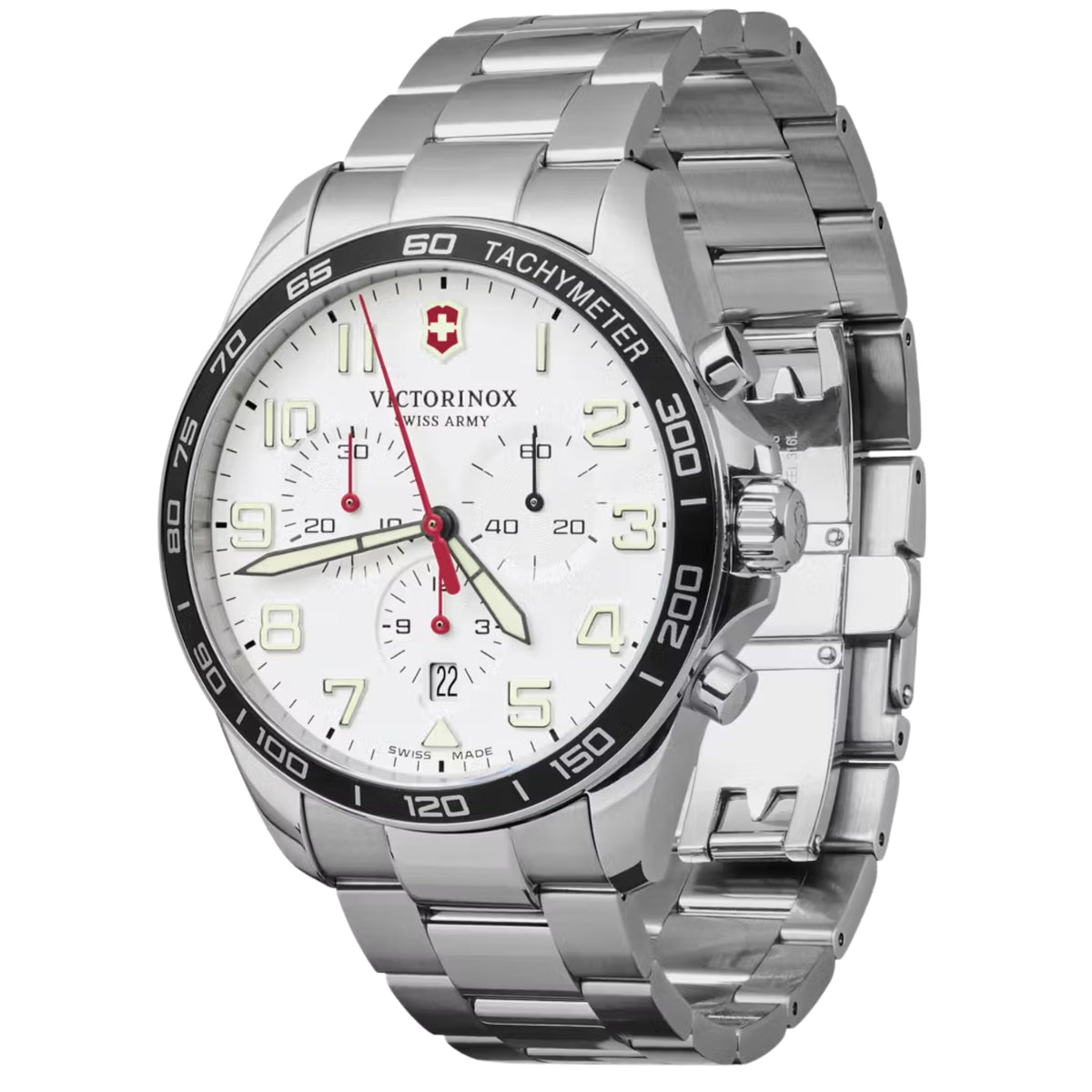 Men's steel chronograph quartz watch with white dial and black tachymeter bezel