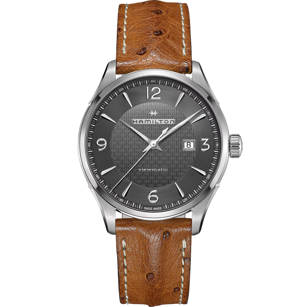 Men's automatic watch with grey dial, stainless steel case, and tan leather strap