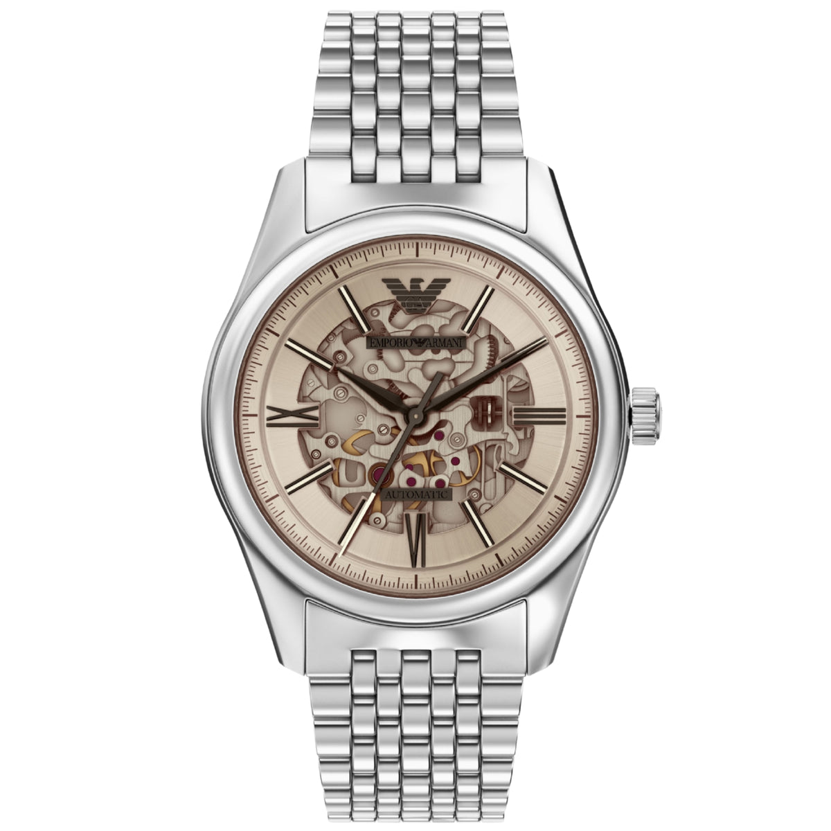 Front view of the Emporio Armani Antonio AR60095 mens automatic watch showing a skeleton silver dial and multi-link stainless steel bracelet