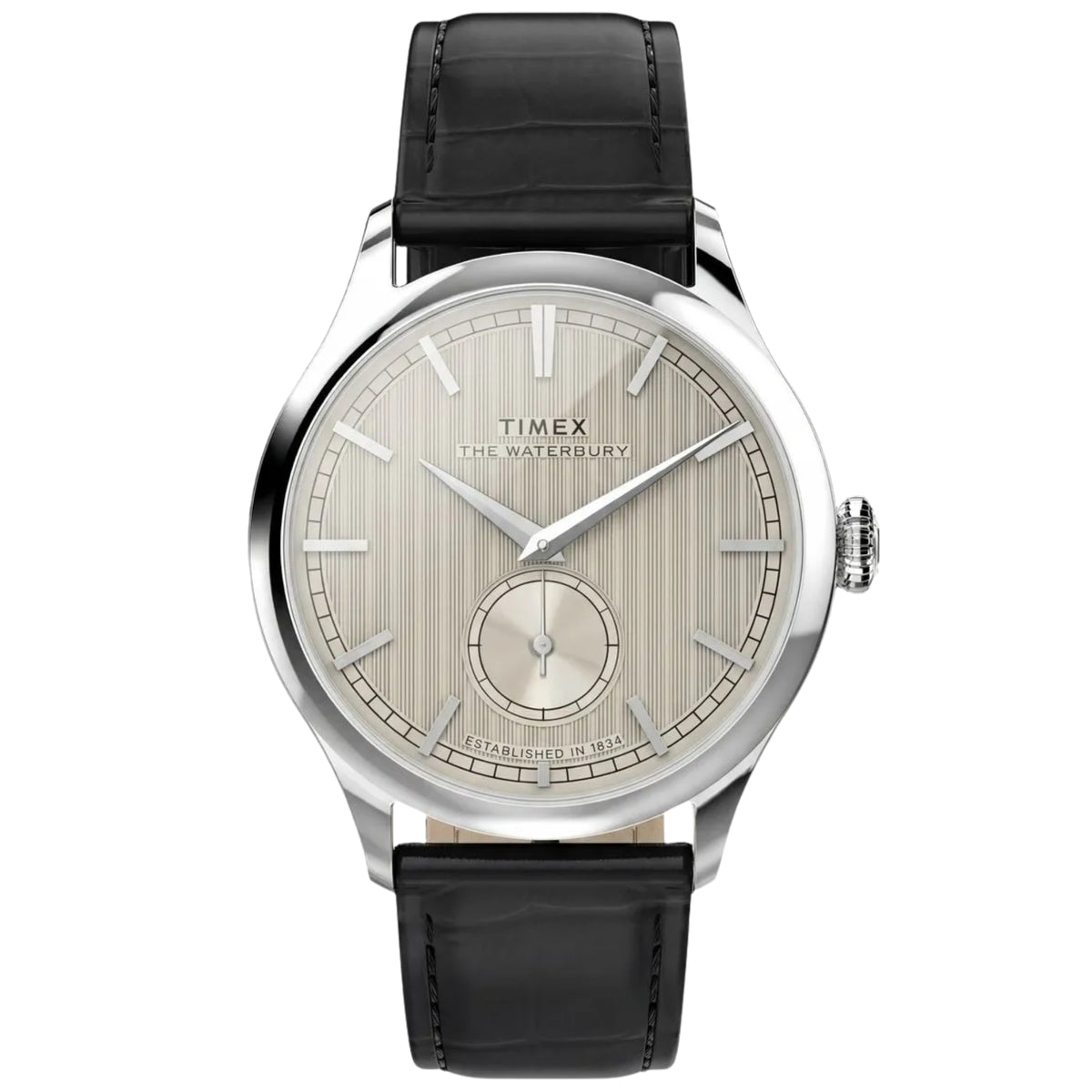 Timex Waterbury TW2Y92000 front view displaying white dial with vertical striped texture, small seconds sub-dial, and leather strap