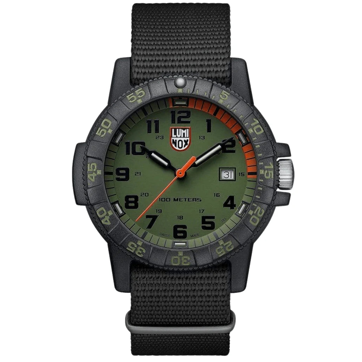 Quartz dive watch with green dial, date window, orange seconds hand, black fabric strap