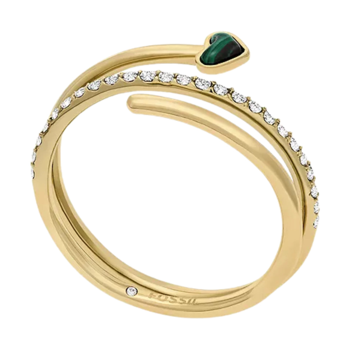Fossil gold-tone ring with heart malachite stone and crystal accents