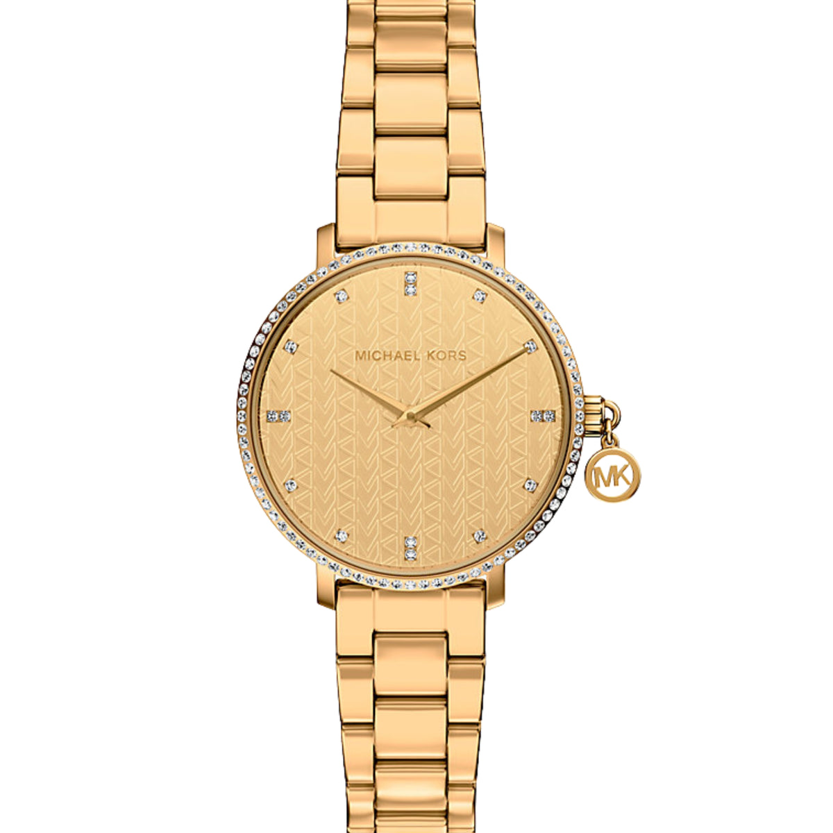 Michael Kors Pyper MK7572 ladies watch front view featuring a pattern-detailed gold dial, stone-set bezel, charm crown, and gold-tone steel bracelet