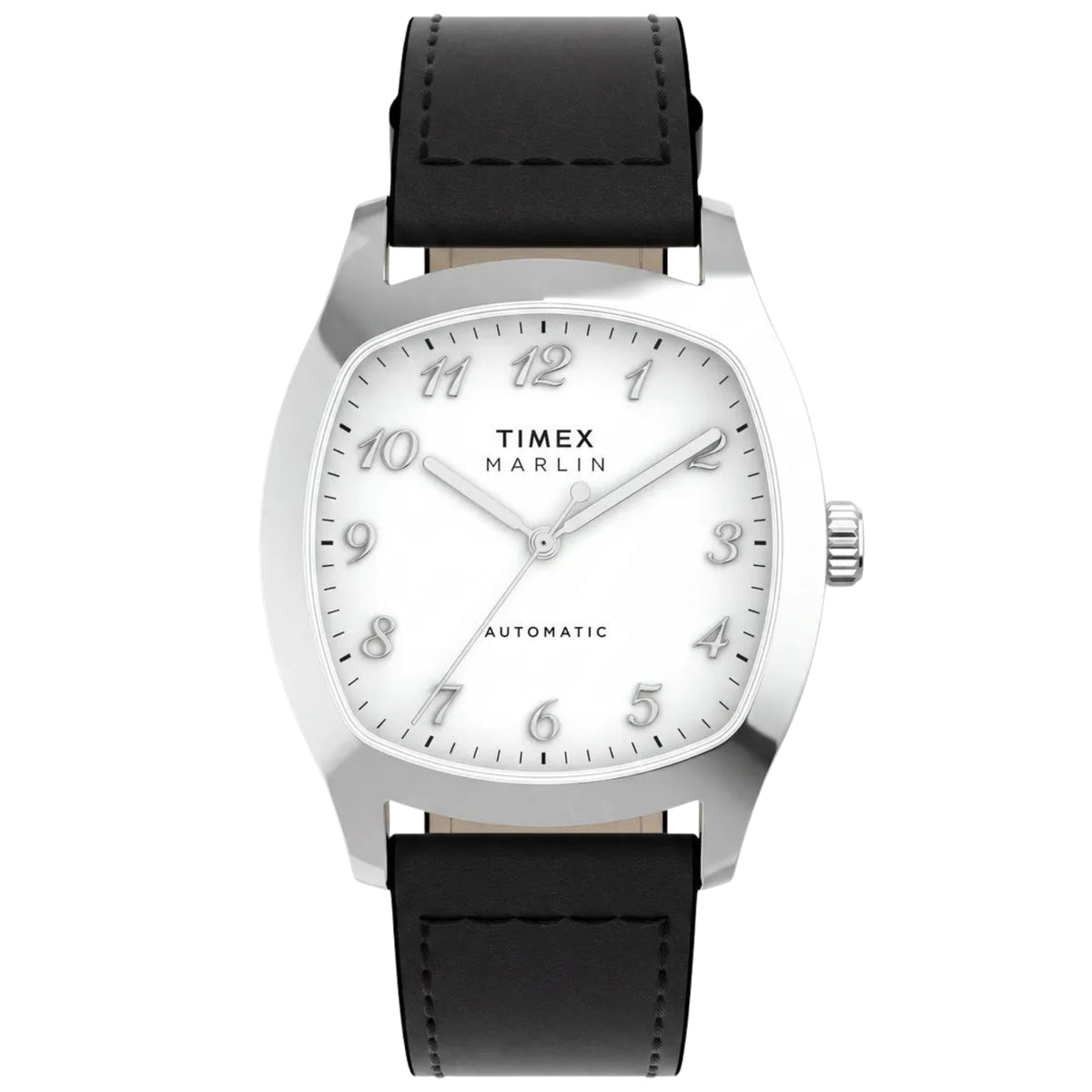 Timex Marlin Chatham TW2Y84300 front view displaying white dial with cushion case and black leather strap