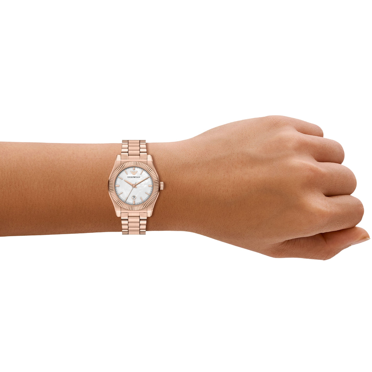 On-wrist perspective of the Emporio Armani Federica AR11762 timepiece displaying the white dial and rose gold-tone link bracelet on a wrist
