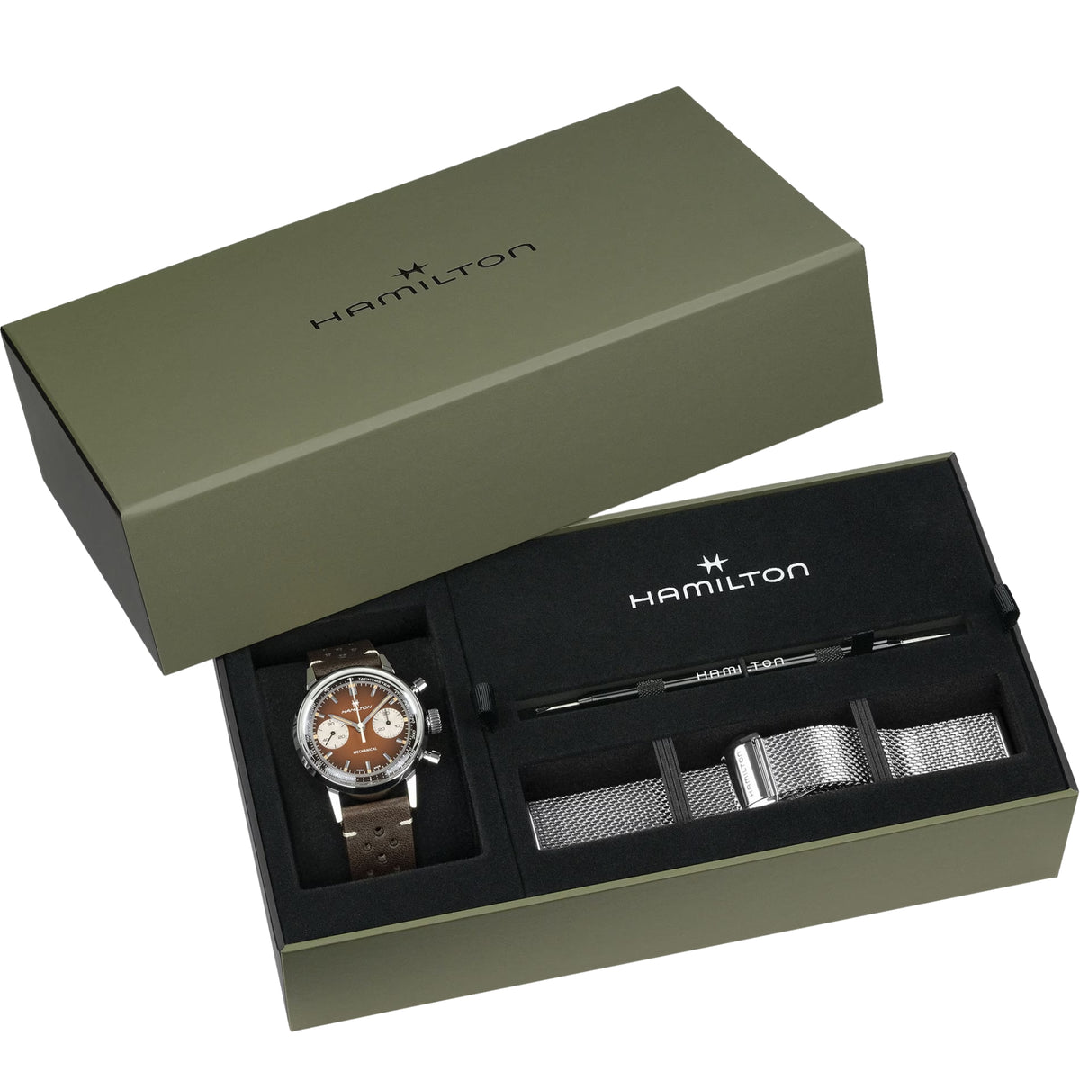 Hamilton watch gift set box with brown dial chronograph watch and strap accessories