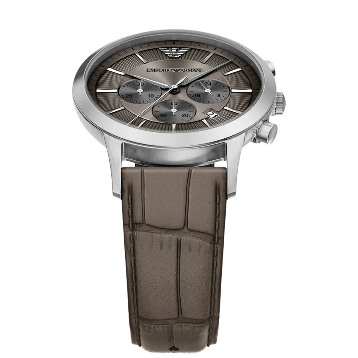 Overhead view of the Emporio Armani Archetipo AR11821 watch showcasing the 43mm grey dial, silver hands, and dark brown leather strap