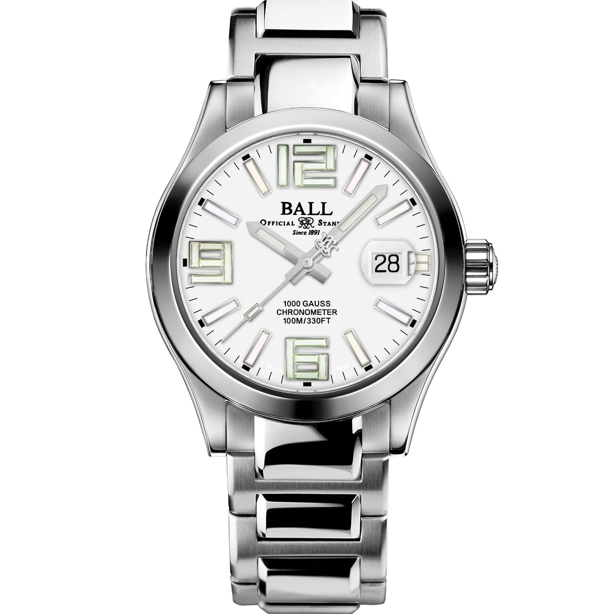 Men's automatic wristwatch, silver case and bracelet, white dial with date window