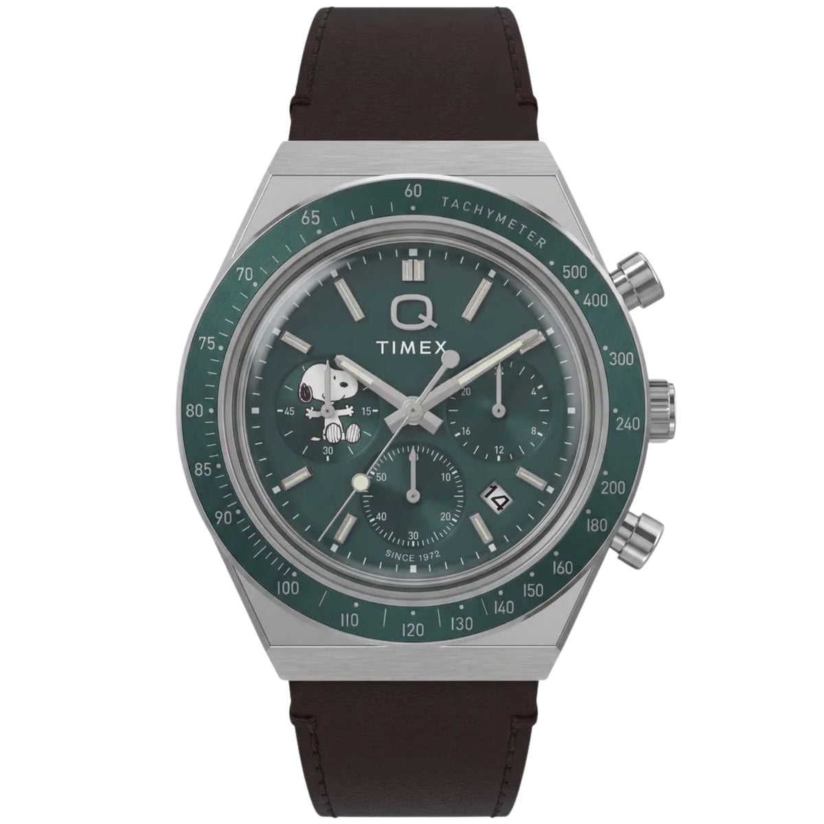 Timex Peanuts x Q Timex TW6A04400 front view displaying green dial with Snoopy character, sub-dials, tachymeter bezel, and leather strap