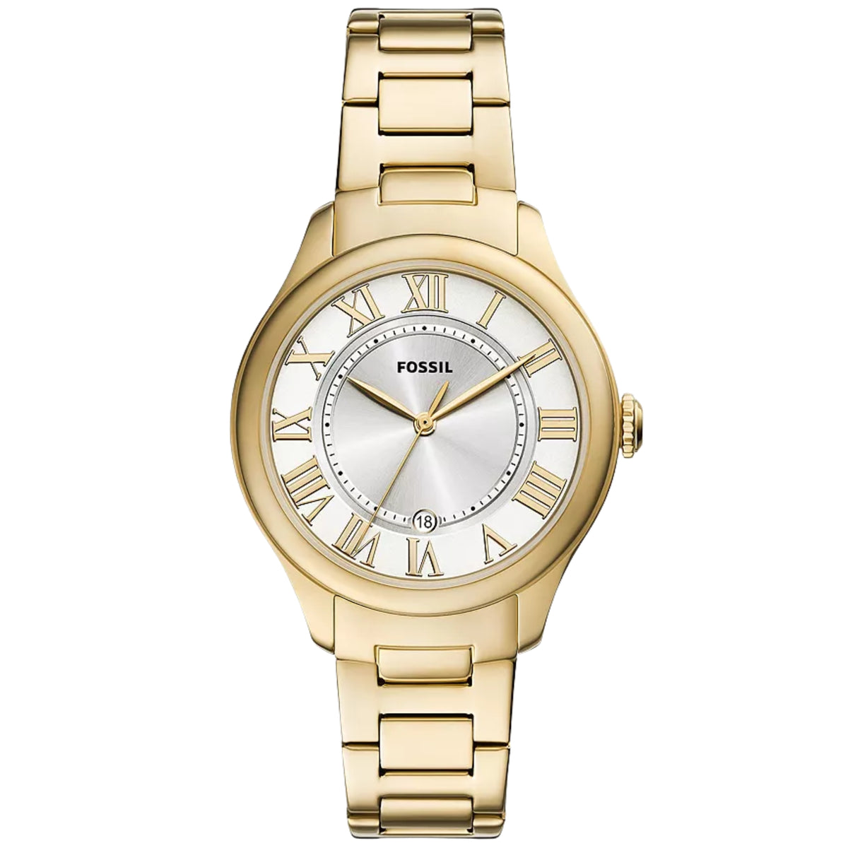 Gold-tone quartz watch with white dial, Roman numerals, gold hands and date marker