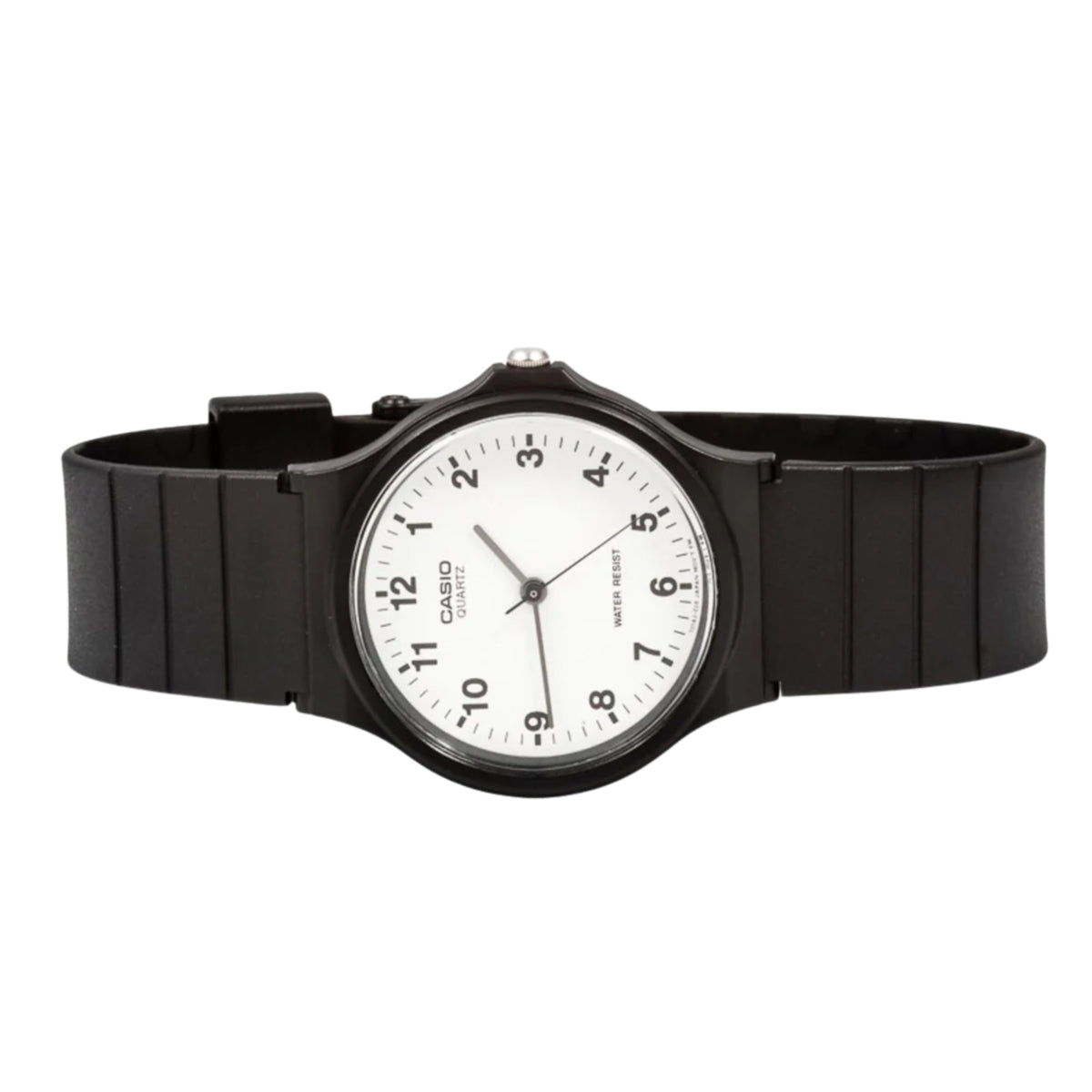 Casio quartz analog watch with white dial and black resin band, round bezel
