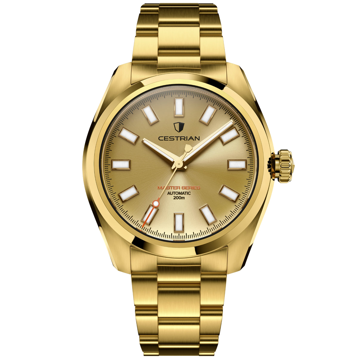 Gold-plated automatic men's wrist watch with gold metal bracelet and baton hour dial.