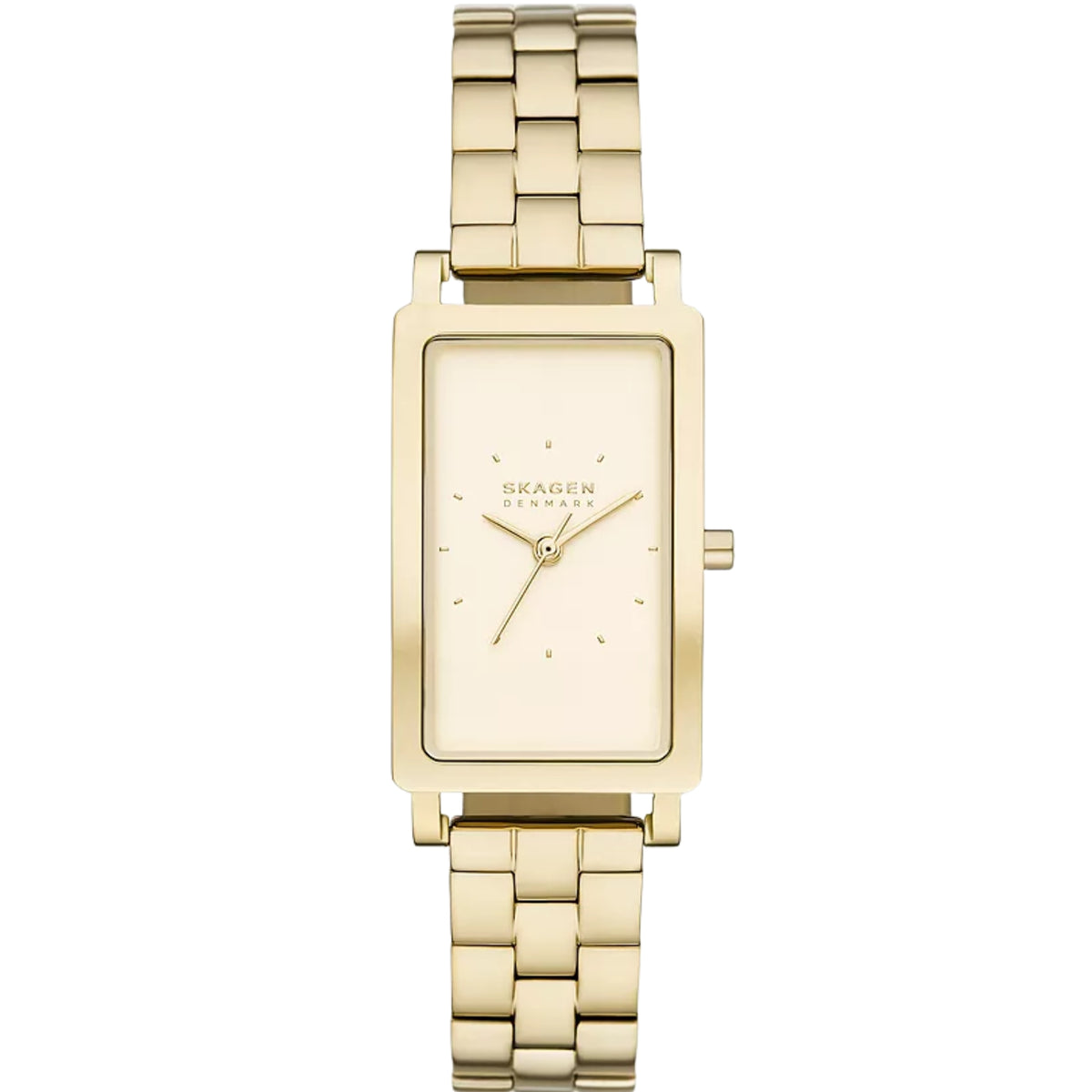 Gold-tone ladies quartz watch with cream dial, rectangle case, metal link bracelet