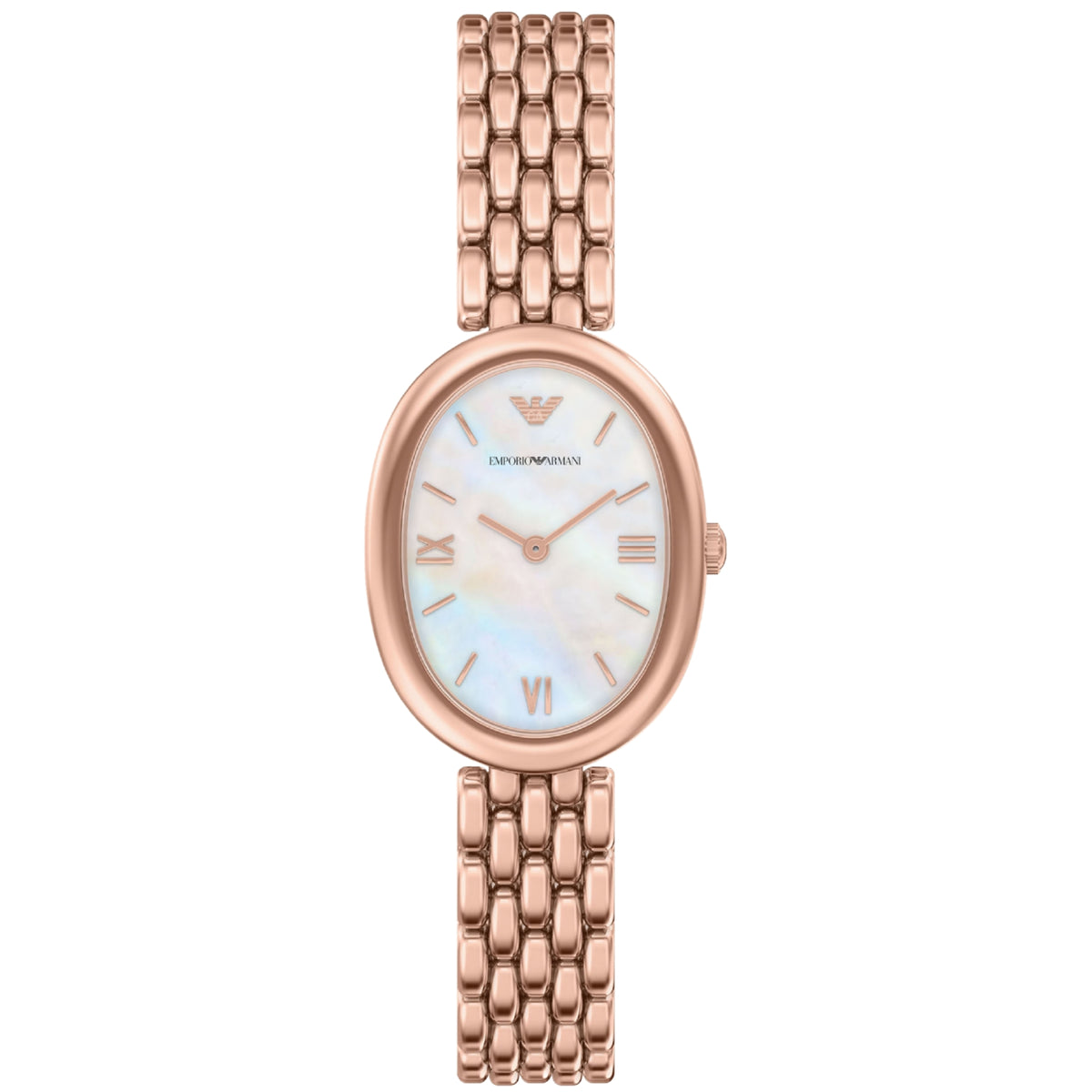 Emporio Armani Sinfonia ladies quartz watch AR11775 front view with rose gold-tone oval case and multi-link chain bracelet