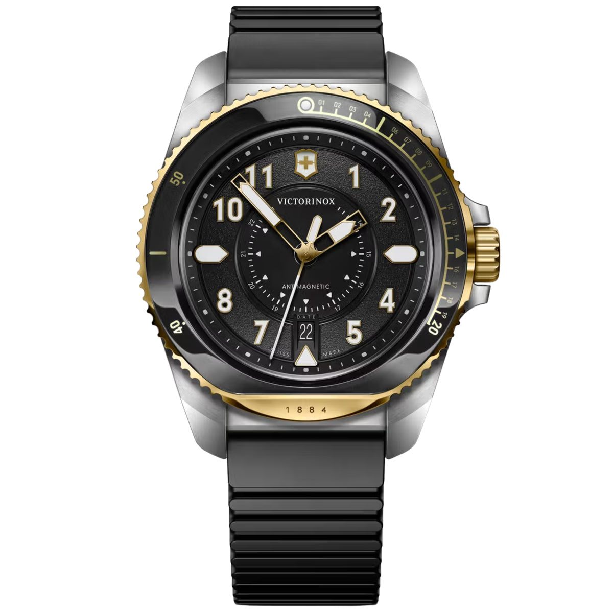 Victorinox Journey 1884 43mm Quartz black textured dial rubber watch 242014 front view