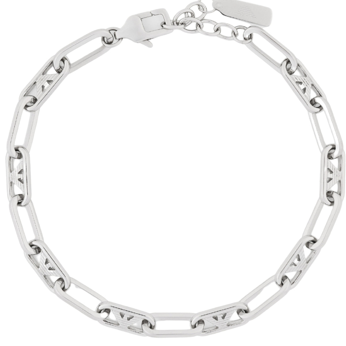 Layflat view of Emporio Armani mens stainless steel paperclip chain bracelet EGS3249040 featuring openwork logo links