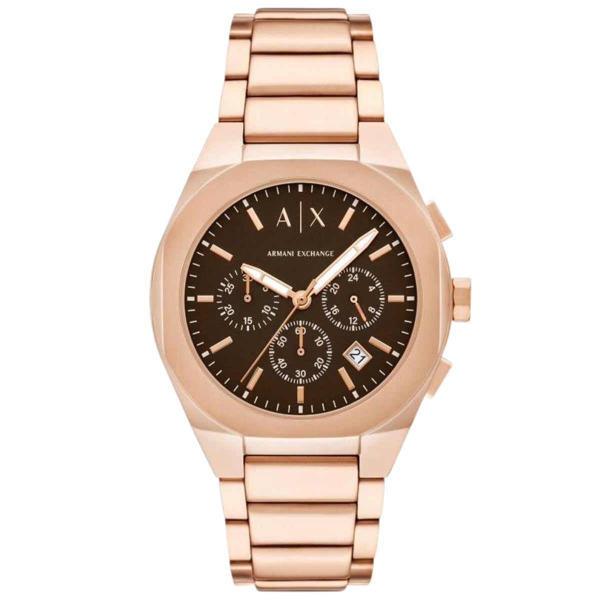 Rose-tone chronograph watch with dark brown dial, chronograph subdials, metal bracelet