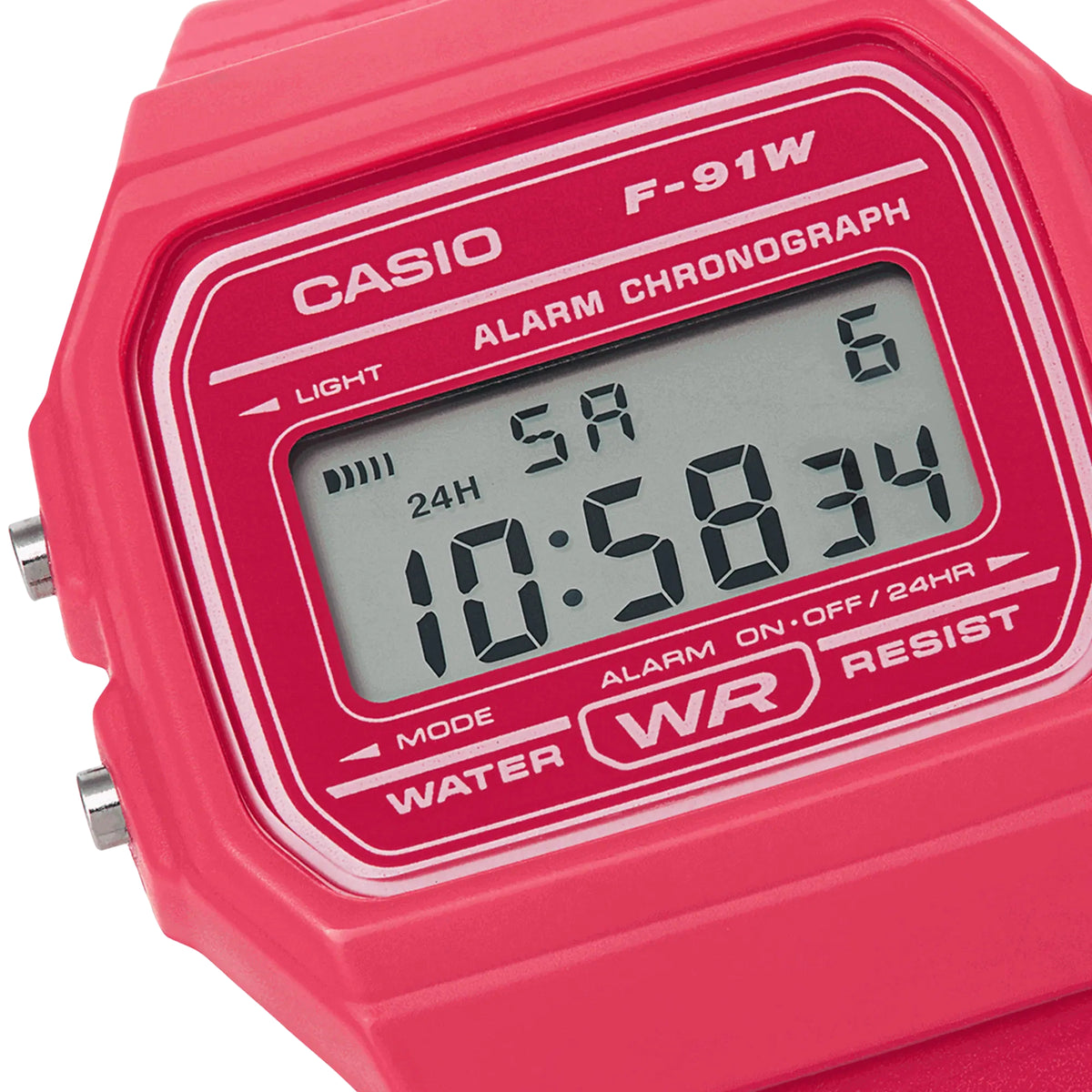 Casio Vintage F-91WC-4AEF close-up view of digital dial screen showing time and function indicators with resin bezel