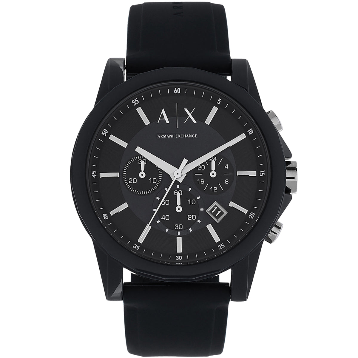 Men's Armani Exchange chronograph watch with black dial, silver hands, black rubber strap
