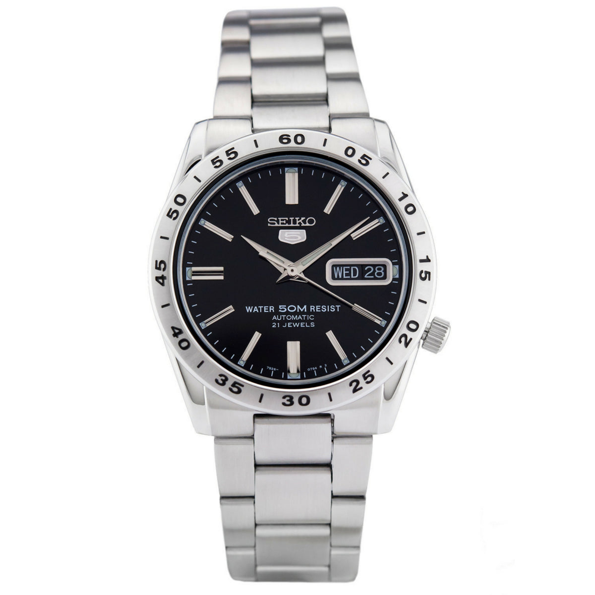 Seiko 5 men's automatic watch with black dial, date window, and stainless steel band