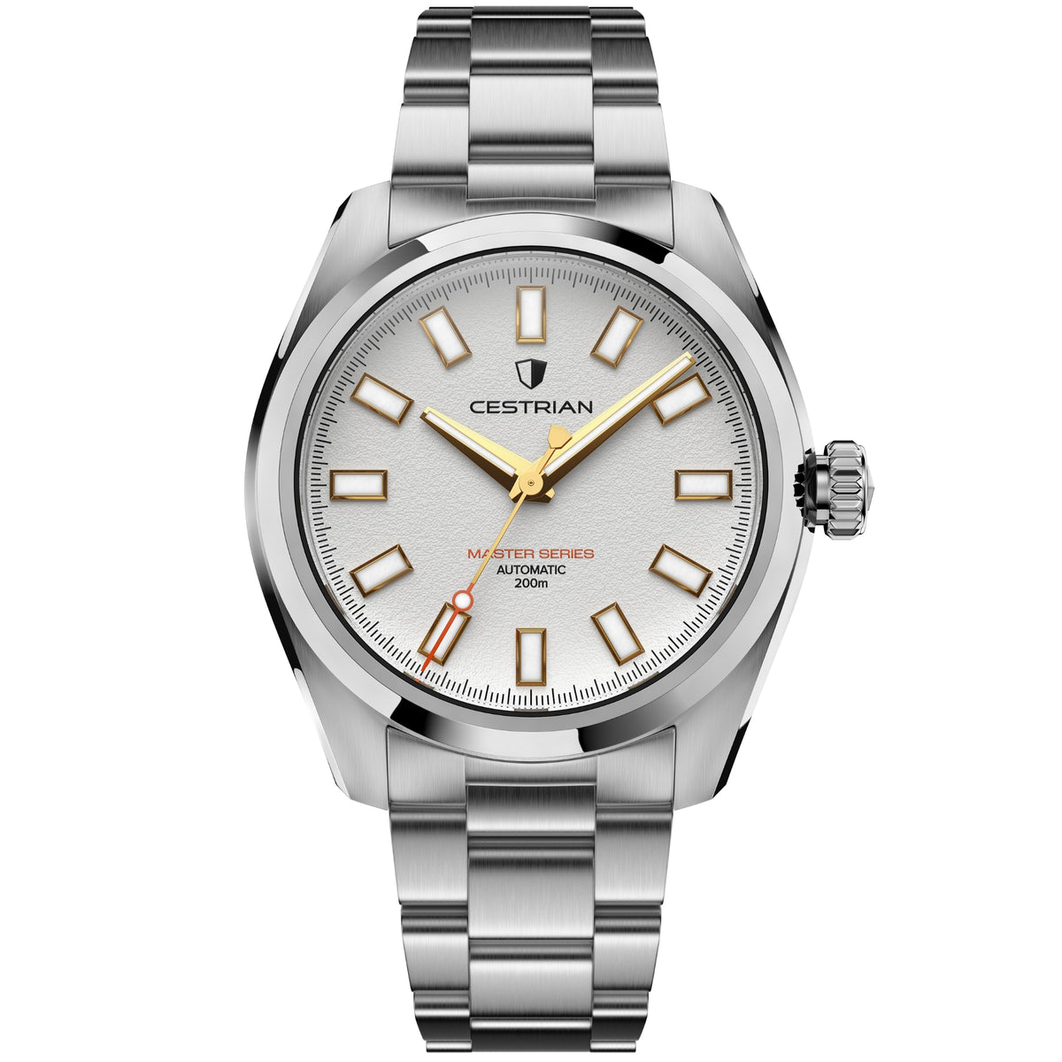 Men's automatic steel bracelet watch with white textured dial, gold markers and hands